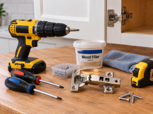 Screwdrivers, drill, wood filler and replacement cabinet hinge on workbench