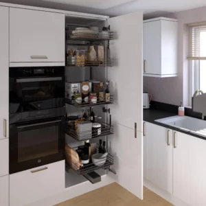 Pull-out storage fitted inside an existing kitchen cabinet.
