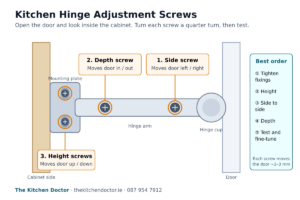 Alt text: kitchen cabinet hinge adjustment screws for height, side and depth